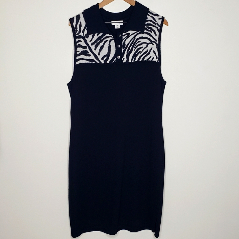 St. John Sport Dress Extra Large Knit Sleeveless Black White Zebra Collared Wool